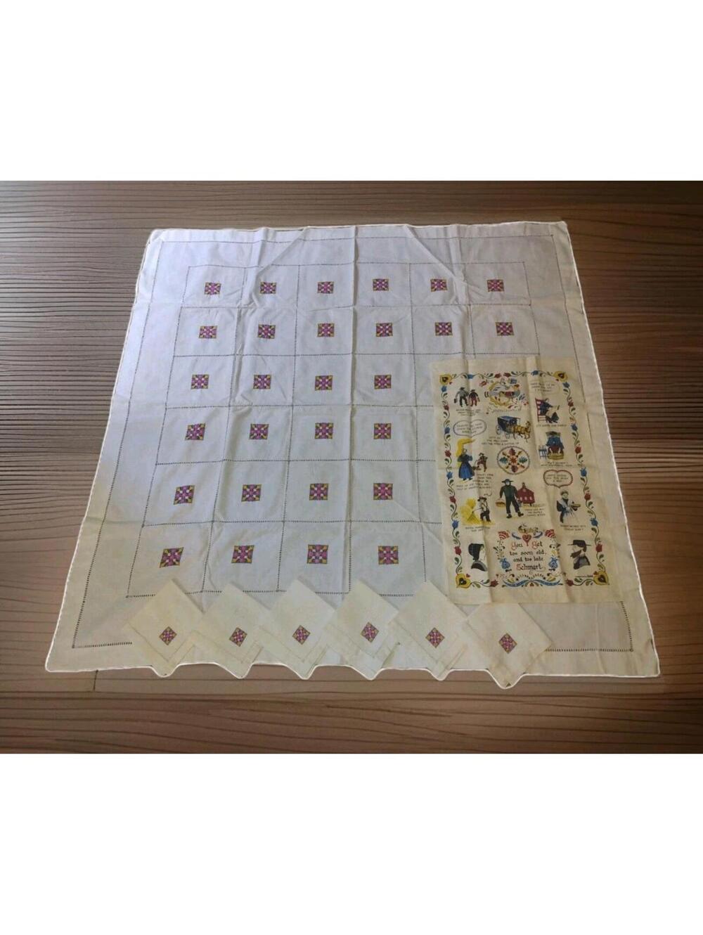 Vintage 40s Linen Tablecloth Napkins Set + PA Dutch Towel Embroidered Cutwork